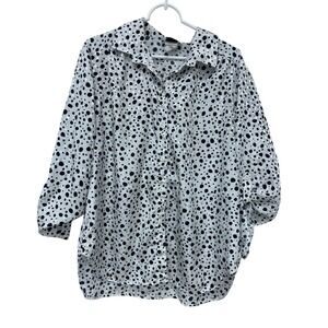 Maygene Button Up Blouse Size XL‎ White Black Polka dot 3/4 Button Tab Sleeve